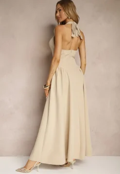 Beżowa Rozkloszowana Sukienka Halter z Wiązaniem i Odkrytymi Plecami Senicce