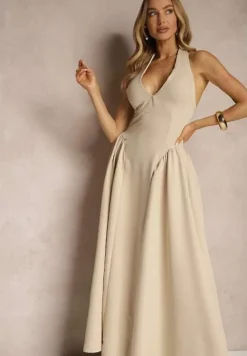 Beżowa Rozkloszowana Sukienka Halter z Wiązaniem i Odkrytymi Plecami Senicce