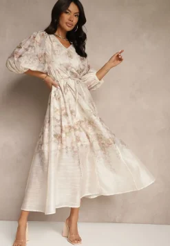 Beżowa Rozkloszowana Sukienka z Wiskozy w Kwiatowy Wzór z Wiązaniem Redilina