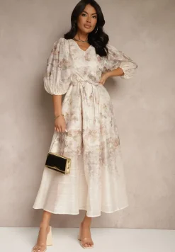 Beżowa Rozkloszowana Sukienka z Wiskozy w Kwiatowy Wzór z Wiązaniem Redilina