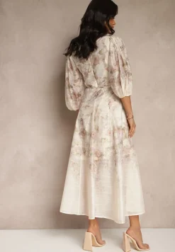 Beżowa Rozkloszowana Sukienka z Wiskozy w Kwiatowy Wzór z Wiązaniem Redilina