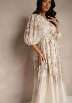 Beżowa Rozkloszowana Sukienka z Wiskozy w Kwiatowy Wzór z Wiązaniem Redilina