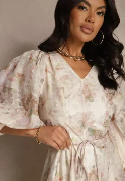 Beżowa Rozkloszowana Sukienka z Wiskozy w Kwiatowy Wzór z Wiązaniem Redilina