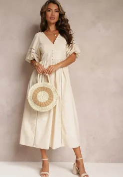 Beżowa Rozkloszowana Sukienka Maxi z Ażurowymi Wstawkami z Lnem i Bawełną Camya