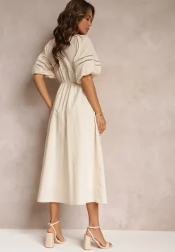 Beżowa Rozkloszowana Sukienka Maxi z Ażurowymi Wstawkami z Lnem i Bawełną Camya