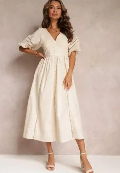 Beżowa Rozkloszowana Sukienka Maxi z Ażurowymi Wstawkami z Lnem i Bawełną Camya