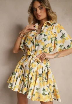 Beżowa Rozkloszowana Sukienka Koszulowa z Wiązanym Paskiem i Krótkim Rękawem Lavialane