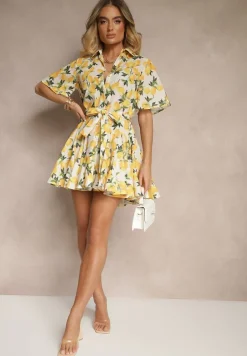 Beżowa Rozkloszowana Sukienka Koszulowa z Wiązanym Paskiem i Krótkim Rękawem Lavialane