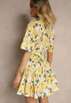 Beżowa Rozkloszowana Sukienka Koszulowa z Wiązanym Paskiem i Krótkim Rękawem Lavialane