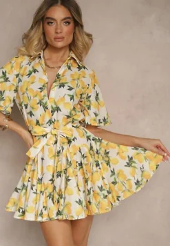 Beżowa Rozkloszowana Sukienka Koszulowa z Wiązanym Paskiem i Krótkim Rękawem Lavialane