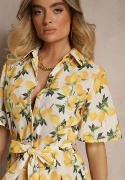 Beżowa Rozkloszowana Sukienka Koszulowa z Wiązanym Paskiem i Krótkim Rękawem Lavialane