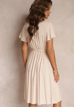 Beżowa Rozkloszowana Sukienka Midi z Wiązanym Paskiem Elemia