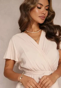 Beżowa Rozkloszowana Sukienka Midi z Wiązanym Paskiem Elemia