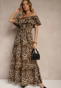 Beżowa Rozkloszowana Sukienka Hiszpanka z Gumką w Talii w Panterkowy Wzór Hiterta