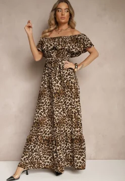 Beżowa Rozkloszowana Sukienka Hiszpanka z Gumką w Talii w Panterkowy Wzór Hiterta