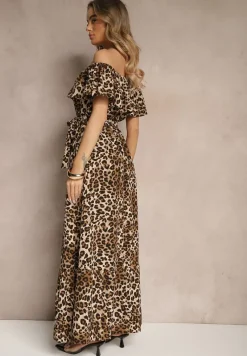 Beżowa Rozkloszowana Sukienka Hiszpanka z Gumką w Talii w Panterkowy Wzór Hiterta