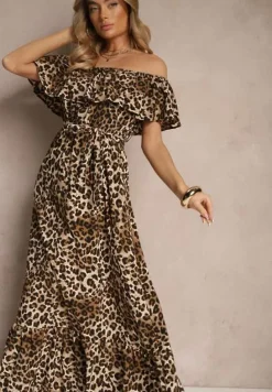 Beżowa Rozkloszowana Sukienka Hiszpanka z Gumką w Talii w Panterkowy Wzór Hiterta