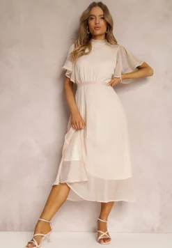 Beżowa Rozkloszowana Sukienka z Odkrytymi Plecami i Wiązaniem Syrissis