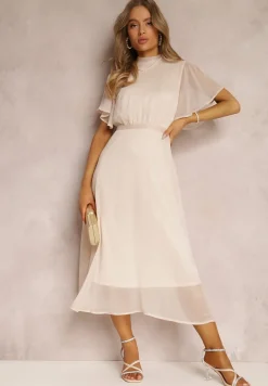 Beżowa Rozkloszowana Sukienka z Odkrytymi Plecami i Wiązaniem Syrissis