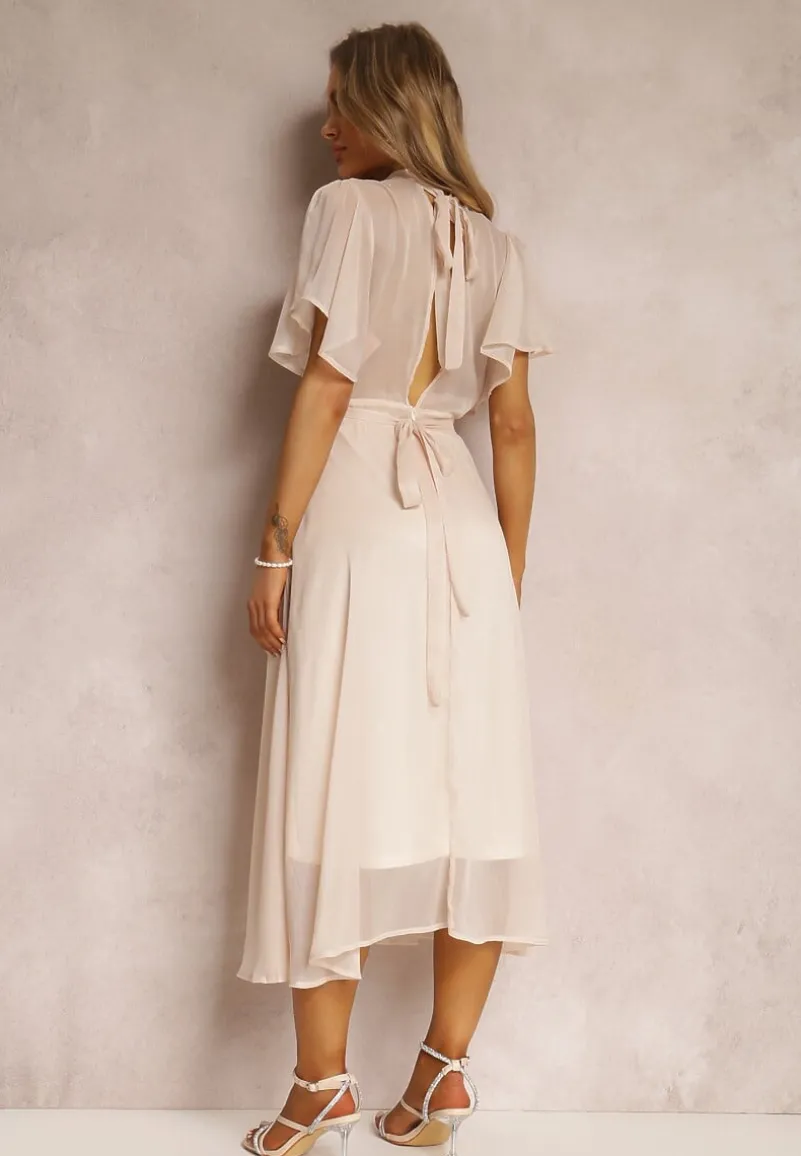 Beżowa Rozkloszowana Sukienka z Odkrytymi Plecami i Wiązaniem Syrissis