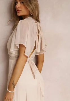 Beżowa Rozkloszowana Sukienka z Odkrytymi Plecami i Wiązaniem Syrissis