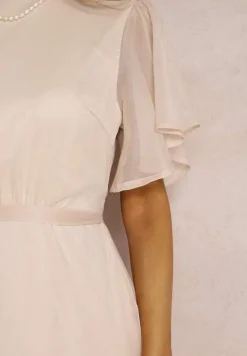 Beżowa Rozkloszowana Sukienka z Odkrytymi Plecami i Wiązaniem Syrissis