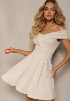 Beżowa Rozkloszowana Sukienka z Dekoltem w Łódkę Cerania