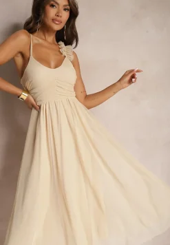 Beżowa Rozkloszowana Sukienka na Ramiączkach z Gumką w Pasie z Falbankami Zafara