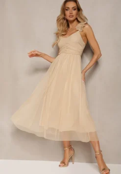 Beżowa Rozkloszowana Sukienka na Ramiączkach z Gumką w Pasie z Falbankami Zafara