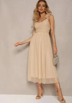 Beżowa Rozkloszowana Sukienka na Ramiączkach z Gumką w Pasie z Falbankami Zafara