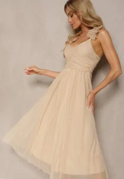 Beżowa Rozkloszowana Sukienka na Ramiączkach z Gumką w Pasie z Falbankami Zafara