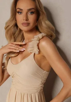 Beżowa Rozkloszowana Sukienka na Ramiączkach z Gumką w Pasie z Falbankami Zafara