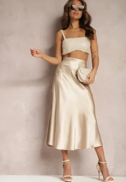 Beżowa Satynowa Midi Spódnica Rozkloszowana z Gumką w Pasie i Suwakiem Leose