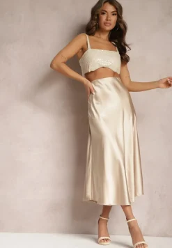 Beżowa Satynowa Midi Spódnica Rozkloszowana z Gumką w Pasie i Suwakiem Leose