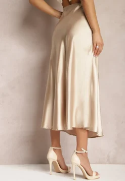 Beżowa Satynowa Midi Spódnica Rozkloszowana z Gumką w Pasie i Suwakiem Leose