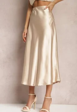 Beżowa Satynowa Midi Spódnica Rozkloszowana z Gumką w Pasie i Suwakiem Leose
