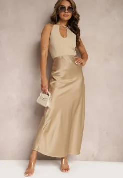Beżowa Satynowa Spódnica Maxi High Waist Formia