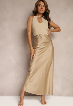 Beżowa Satynowa Spódnica Maxi High Waist Formia