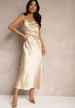 Beżowa Satynowa Sukienka Ozdobiona Cyrkoniami i Lejącym Dekoltem Mesalttia