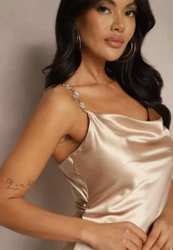 Beżowa Satynowa Sukienka Ozdobiona Cyrkoniami i Lejącym Dekoltem Mesalttia