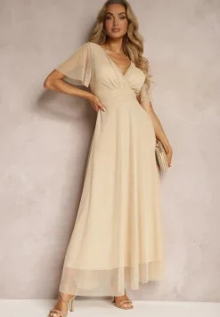 Beżowa Siateczkowa Sukienka z Kopertowym Dekoltem Wiązana w Talii Niblea