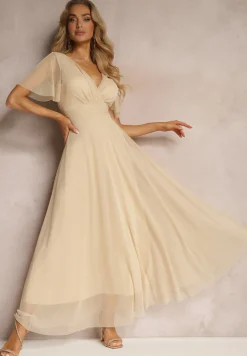 Beżowa Siateczkowa Sukienka z Kopertowym Dekoltem Wiązana w Talii Niblea