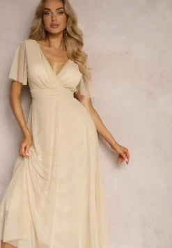 Beżowa Siateczkowa Sukienka z Kopertowym Dekoltem Wiązana w Talii Niblea