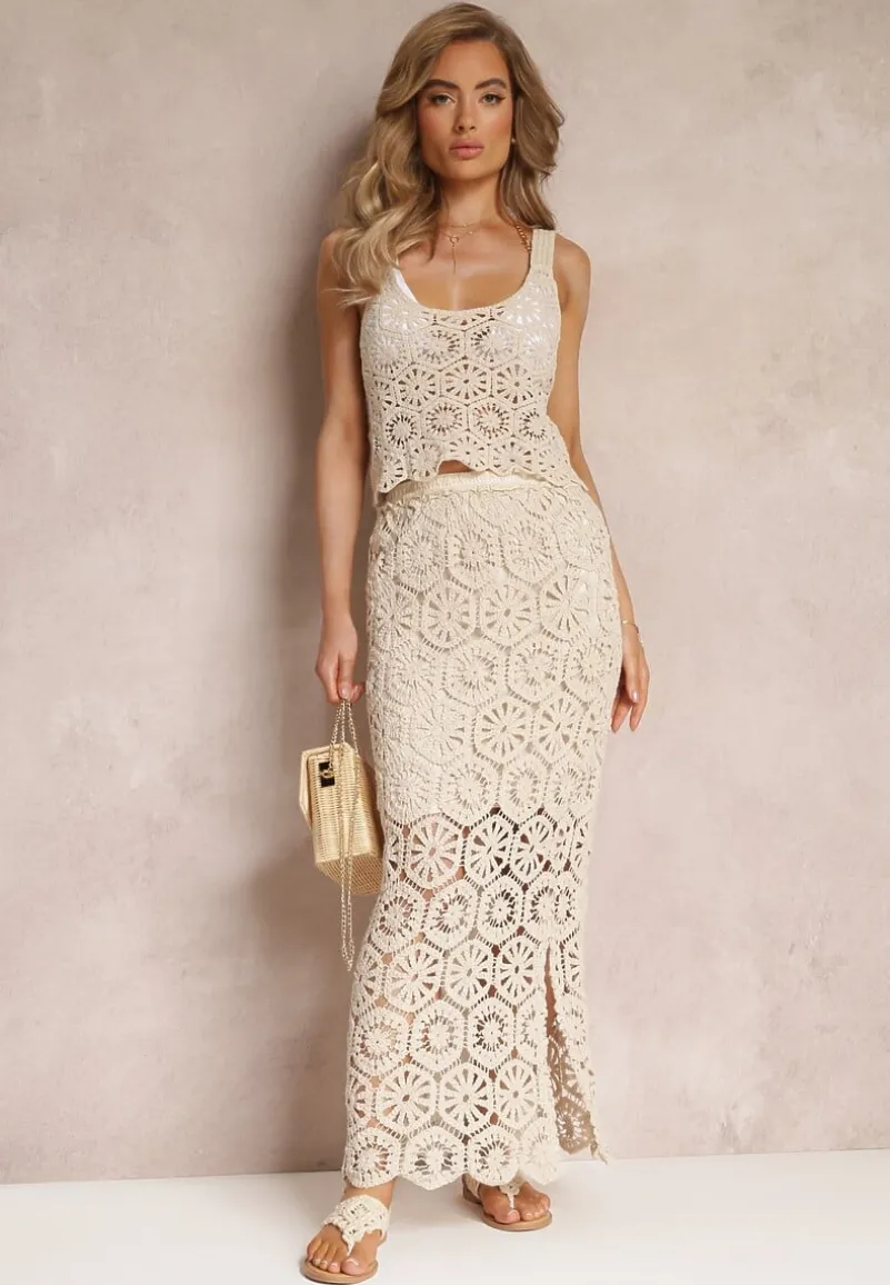 Beżowa Spódnica Maxi z Szydełkowej Tkaniny Jeslira