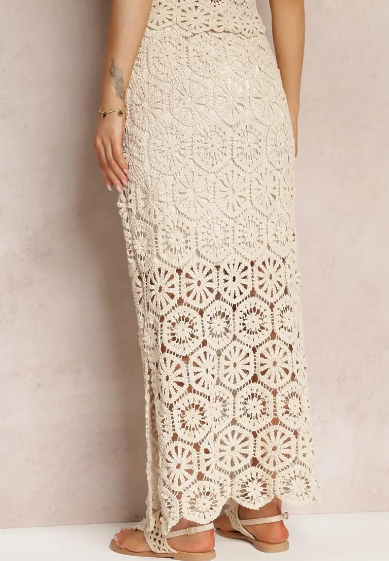 Beżowa Spódnica Maxi z Szydełkowej Tkaniny Jeslira