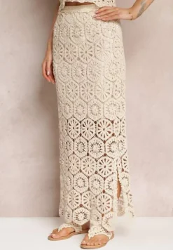 Beżowa Spódnica Maxi z Szydełkowej Tkaniny Jeslira
