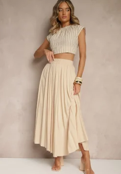 Beżowa Spódnica o Rozkloszowanym Kroju z Wiskozy Lunafina