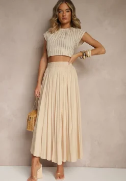 Beżowa Spódnica o Rozkloszowanym Kroju z Wiskozy Lunafina