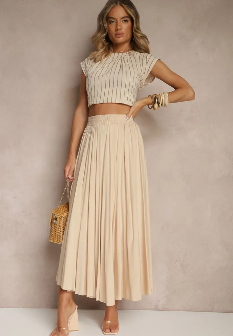Beżowa Spódnica o Rozkloszowanym Kroju z Wiskozy Lunafina
