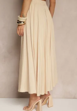 Beżowa Spódnica o Rozkloszowanym Kroju z Wiskozy Lunafina